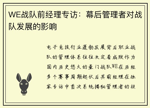 WE战队前经理专访：幕后管理者对战队发展的影响